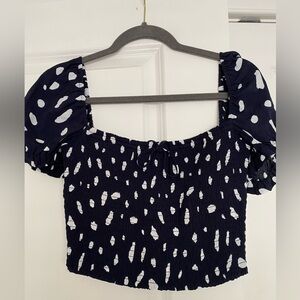 Aritzia Wilfred Smocked blouse in navy with white polka dots